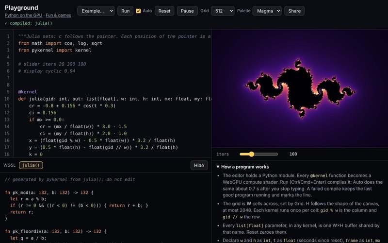 The playground: Python code beside a Julia set it draws