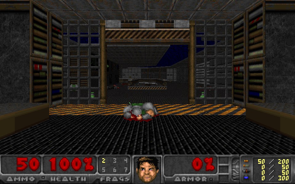 The start of Freedoom's E1M1 with the pistol raised, rendered by gPu(doom)