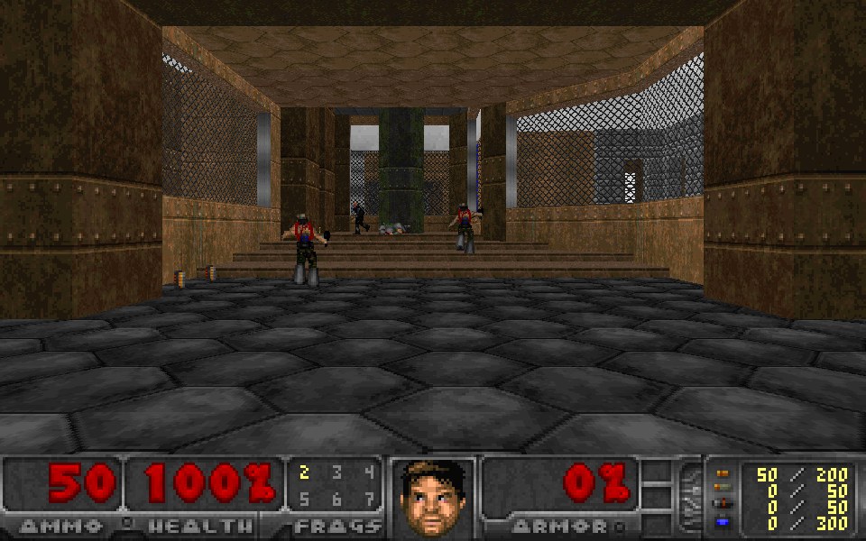 The start of Freedoom's E1M6, a dim room with crates and a doorway ahead, rendered by gPu(doom)
