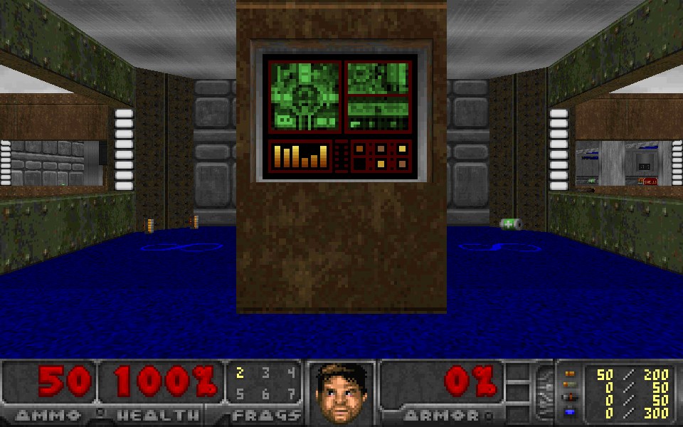 The start of Freedoom's E1M7, a lit corridor with textured walls receding ahead, rendered by gPu(doom)