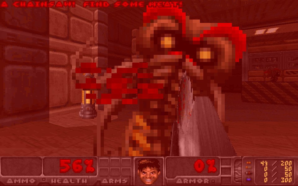 MAP09 just after picking up the chainsaw: the message reads A chainsaw! Find some meat!, a monster fills the view and the screen is tinted red by damage. Rendered by gPu(doom)