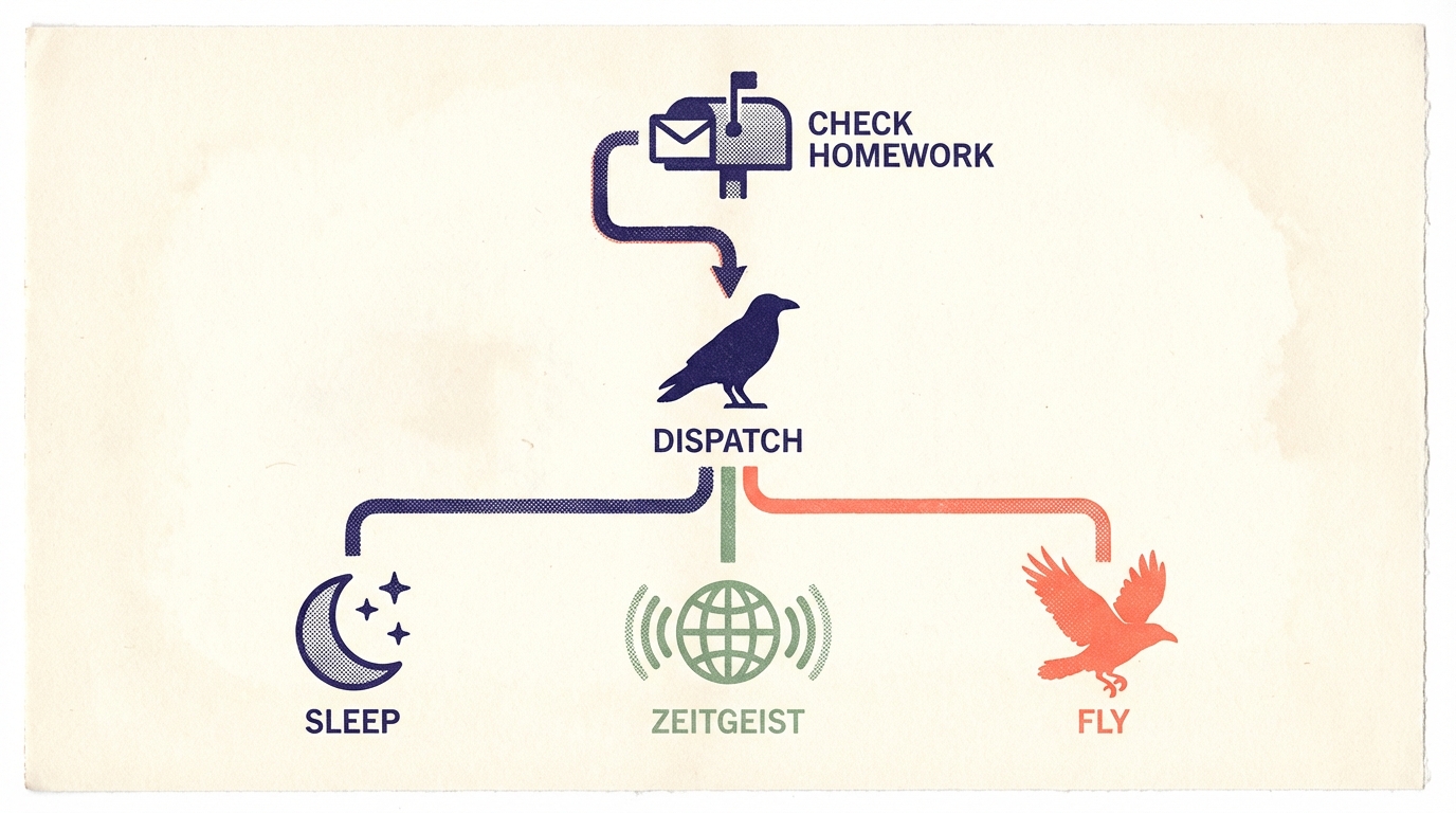 Woodcut diagram: Dispatch routing — mailbox (homework check) flows to central raven, which branches to three tasks: Sleep (moon icon), Zeitgeist (globe icon), and Fly (raven in flight).