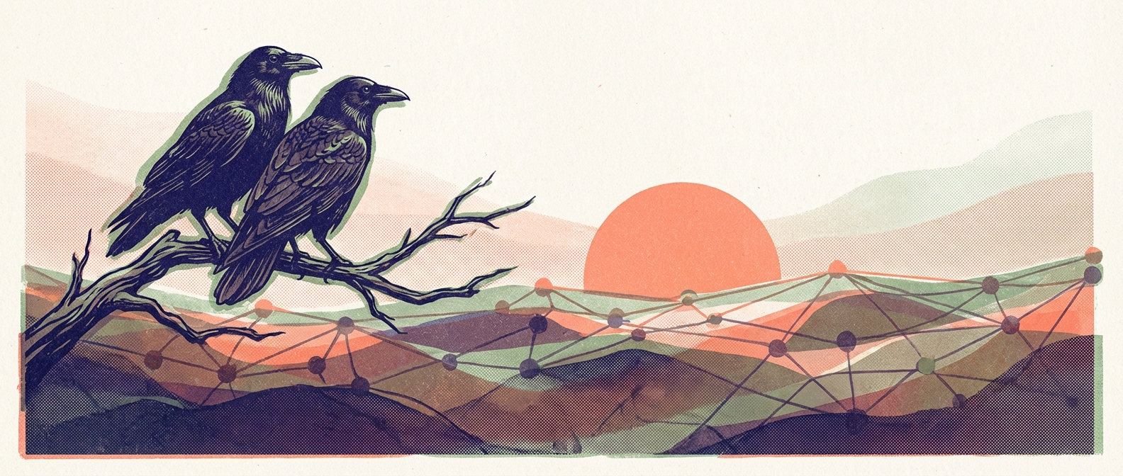 Woodcut illustration: Two ravens perched on a gnarled oak branch (Yggdrasil) at dawn, overlooking a landscape of connected memory nodes. Norse knotwork border, copper sun rising, deep green hills.
