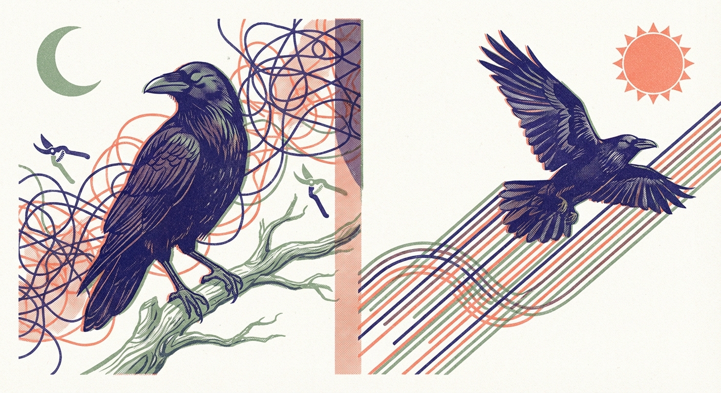 Woodcut illustration: Split panel — left shows a sleeping raven with pruning shears trimming tangled threads (consolidation), right shows a raven in flight with organized parallel threads (exploration). Moon vs sun, Norse knotwork divider.