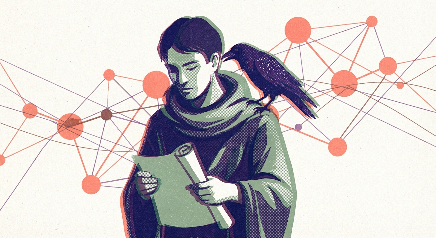 Woodcut illustration: A raven perched on the shoulder of a hooded Norse figure (Odin), whispering while he holds a scroll. Connected knowledge nodes float in a twilight sky behind them. Norse knotwork border.