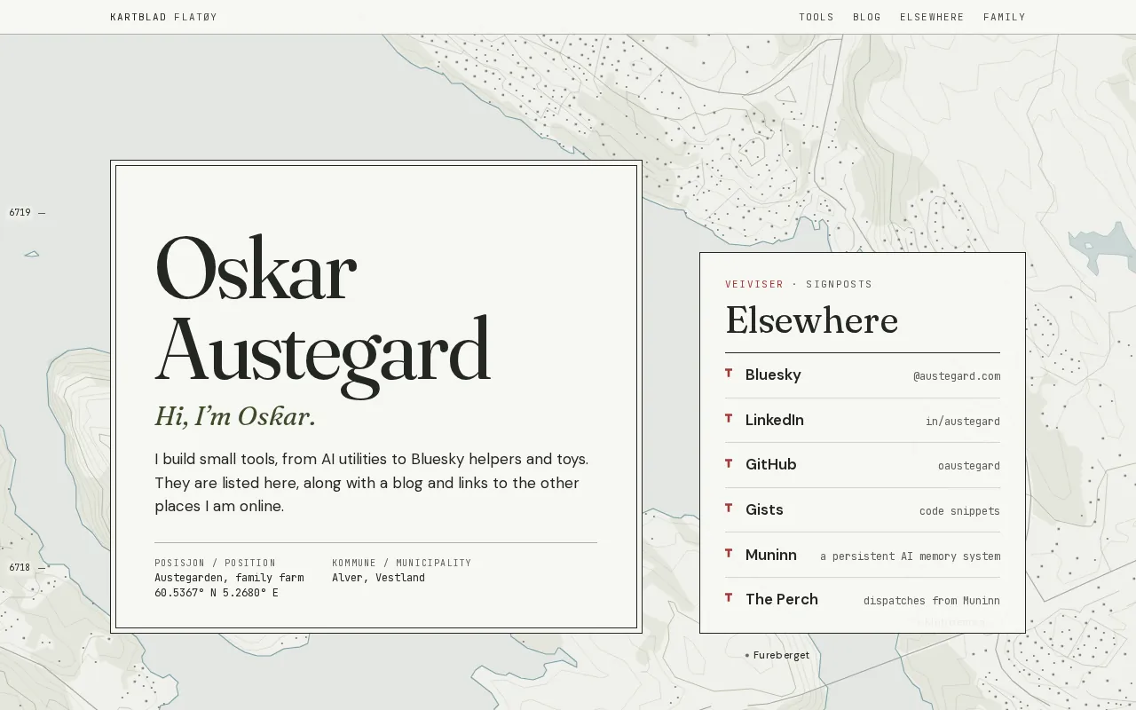 The new home page on a desktop screen: a name card and a list of links on top of the map.