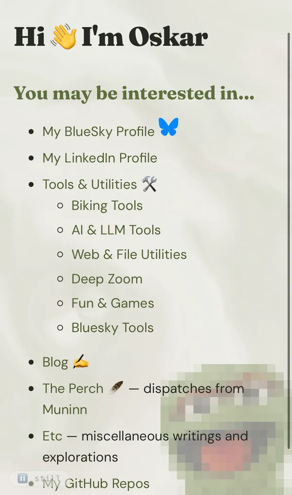The old home page on a phone: a bulleted list of links, with a large pixelated green face covering the lower right.