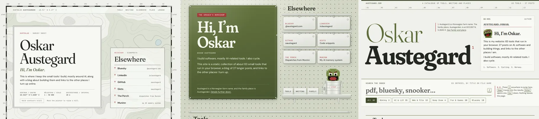 Three home page prototypes side by side: a topographic map sheet, a pegboard workshop wall, and a card catalogue.