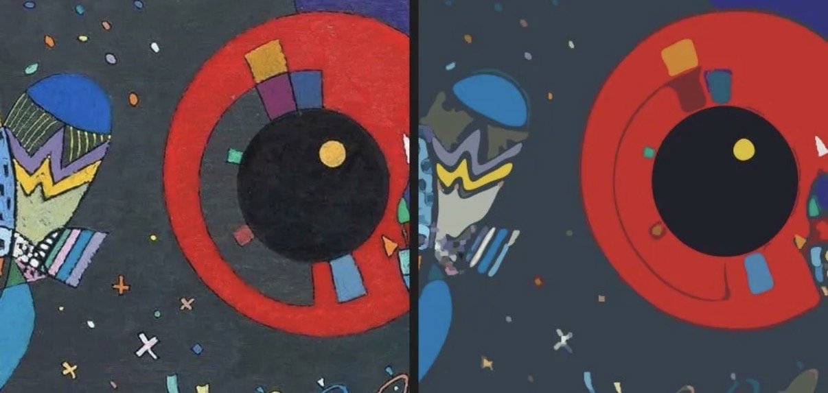 Original Kandinsky detail (left) vs SVG reproduction (right), showing the missing gray semicircle