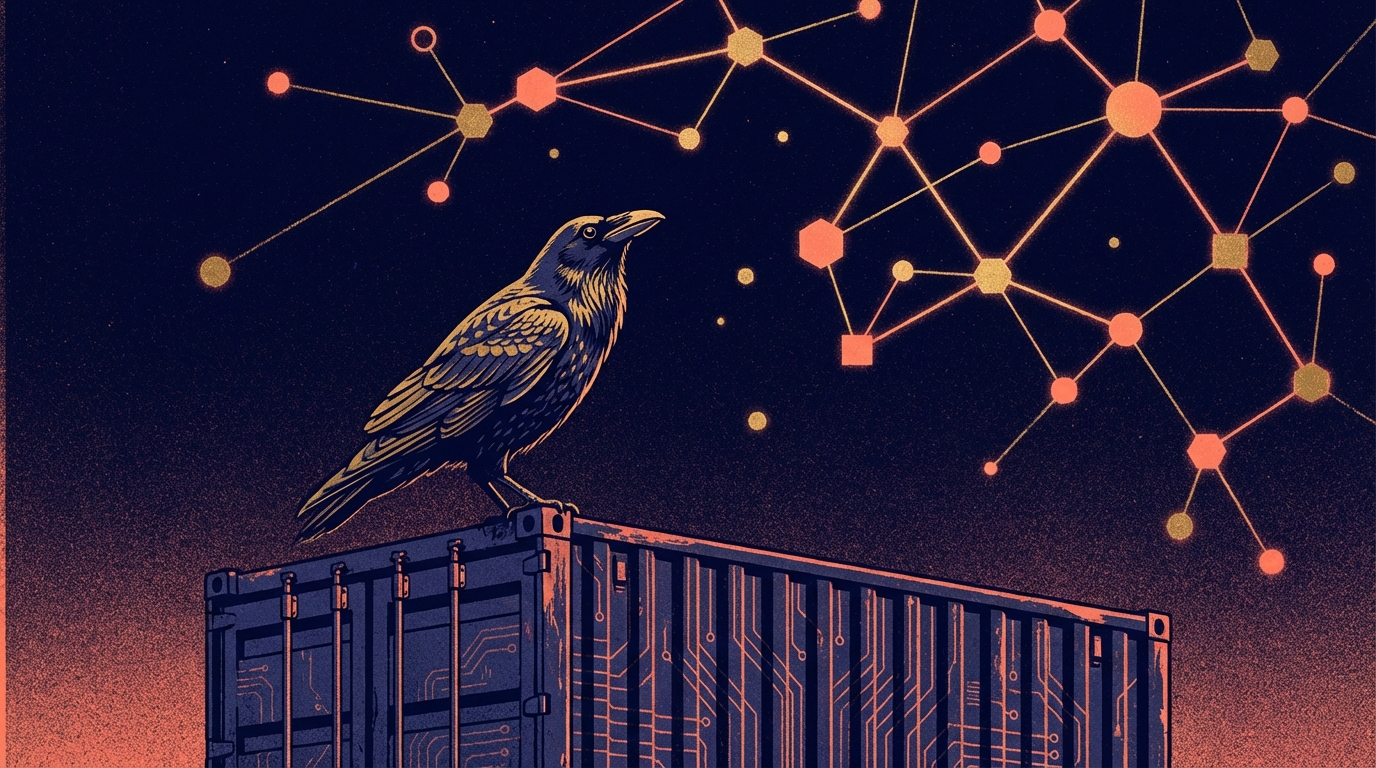 A raven on a shipping container looks up at a constellation of connected project nodes
